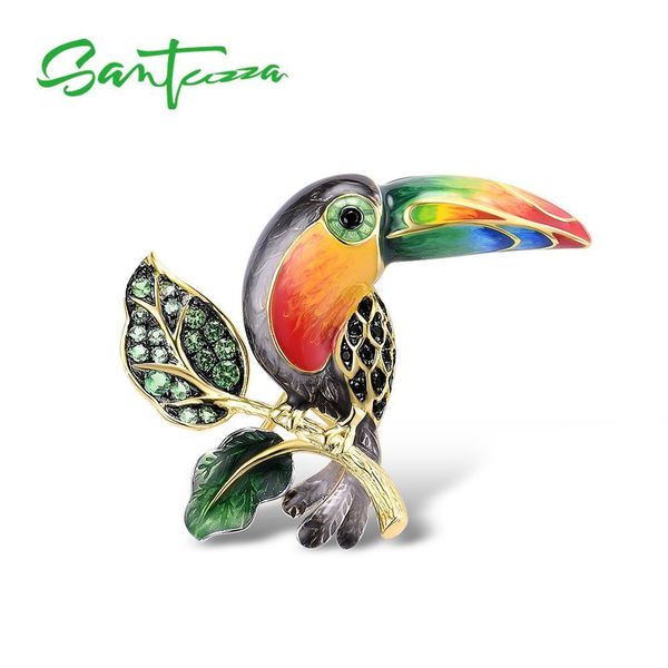 

santuzza silver brooch for women 925 sterling silver yellow gold plated colorful toucan bird animal fine jewelry handmade enamel 201009, Gray