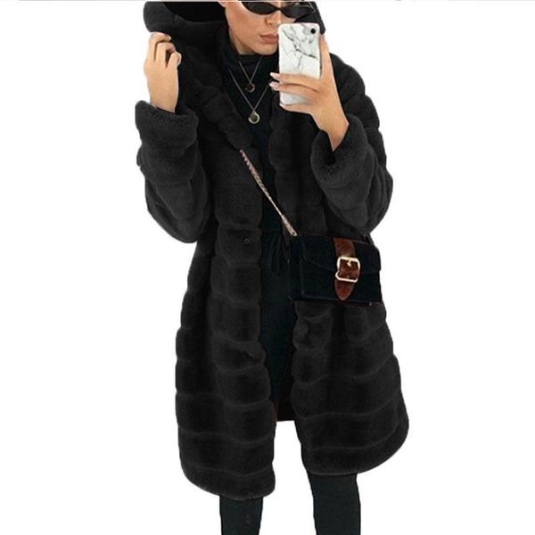 

women's fur & faux autumn winter women imitation fleece coat cardigan outwear jacket fahion casual hooded warm loose overcoat, Black