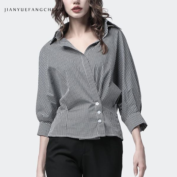 

women gray plaid shirt seven sleeve cotton turn-down collar triple buttons cardigan fashion loose ladies office work shirt, White