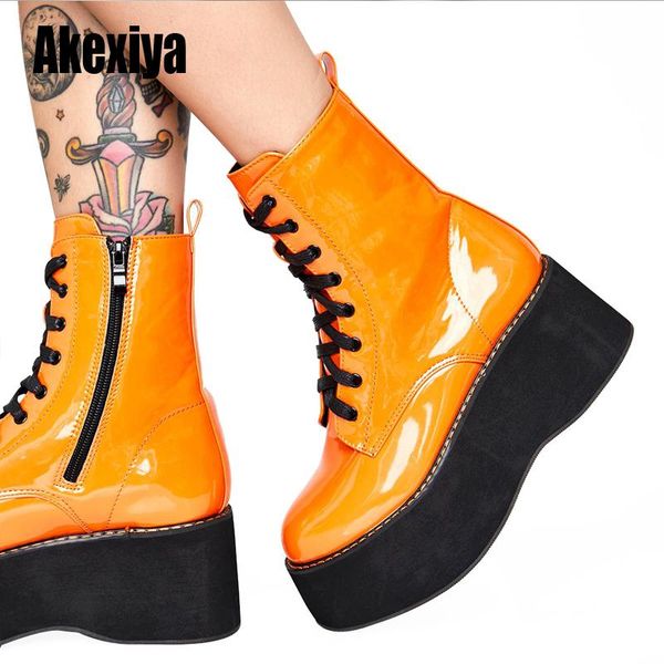 

fashion zipper flat shoes woman high heel platform pu leather boots lace up women shoes white botas mujer girls u439, Black