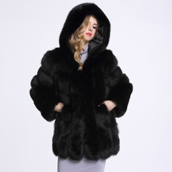 

2020 new winter coat women faux fur coat plus size women hooded long sleeve faux fur jacket gilet fourrure, Black