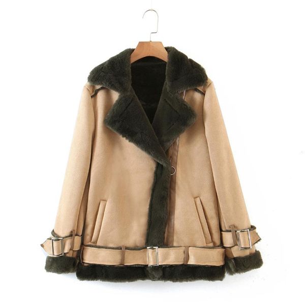 

men's down & parkas 2021 winter fur long sleeved loose belt warm women's jacket lamb wool thickened locomotive lapel female coat c, Black