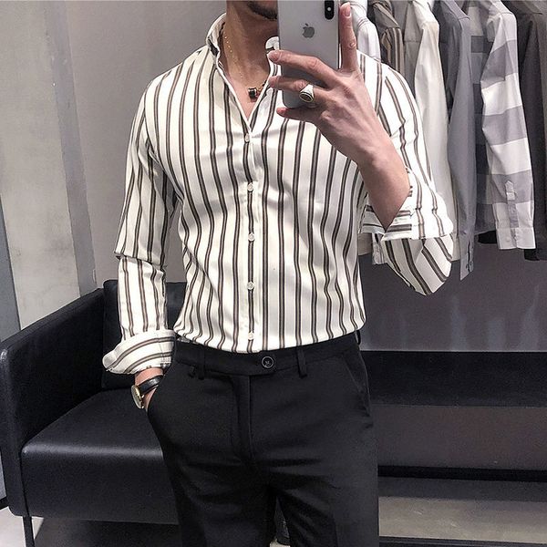

2021 men's spring and new british winter striped thin shirt male clothes 9bdk, White;black