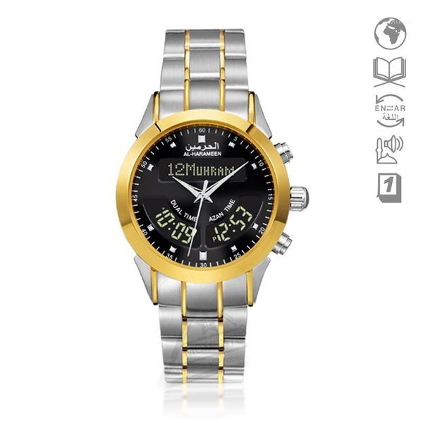 

muslim gift alfajr watch for islamic fajr clock with prayer alarm hijiri golden watch for men dual time wristwatch athan1, Slivery;brown