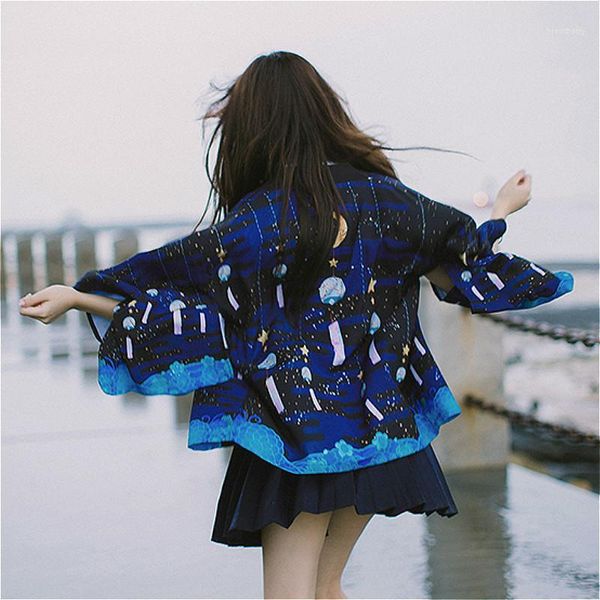 

lovely kimono blouse women cardigan japanese kimono women mujer boho clothing summer casual blusas chiffon moon print1, White