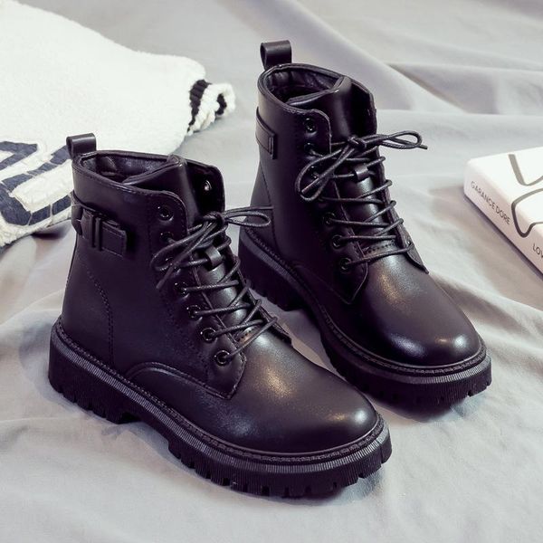 

lace up rock shoes woman boots-women winter footwear australia flat heel round toe 2020 snow med ankle rubber autumn ladies, Black