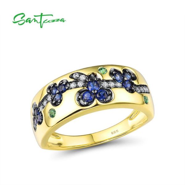 

santuzza silver rings for women pure 925 sterling silver gold color sparkling blue stones delicate flowers trendy fine jewelry, Golden;silver