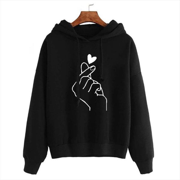 

сердце printed hooded толстовка женского пуловер девочка одежда сыпучего с длинным рукавом сплошного цвета кофта женской толстовка, Black