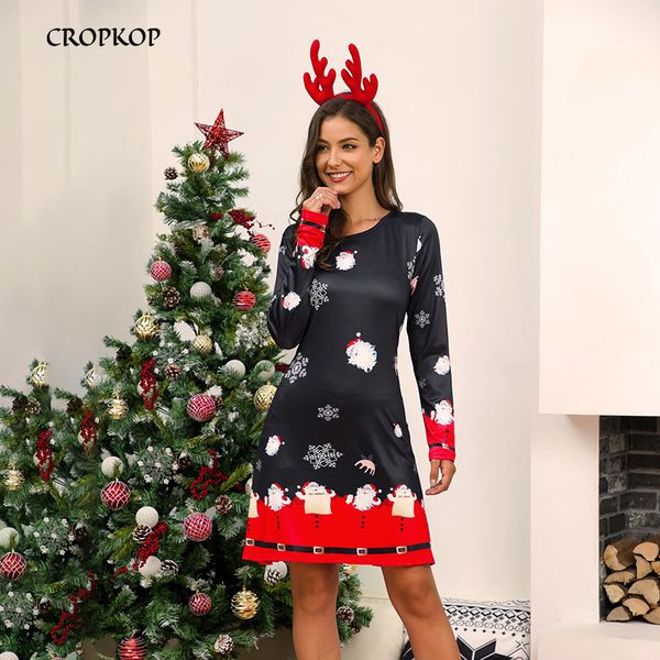 CROPKOP Winter Weihnachten Print Kleid Damen Neujahr Lager Größe Party Langarm Kleid Casual Plus Size Damen Peplum Vestidos LJ201202