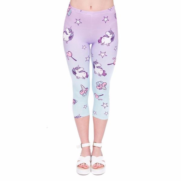 

summer women capri leggings unicorn printing mid-calf 3/4 fitness movement leggins capri pants, Black