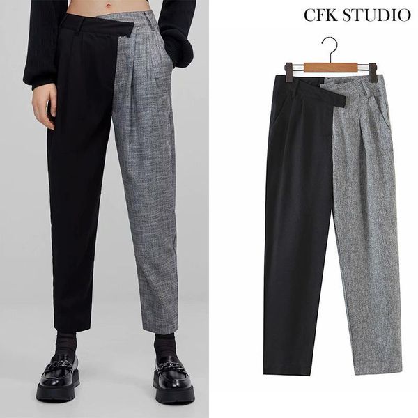 

women's pants & capris 2021 women casual long spring black gray splicing ladies office trousers button pocket solid female elegant penc, Black;white