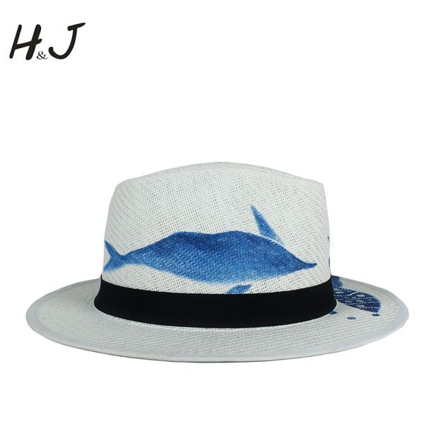 

wide brim hats 100% hand paint panama hat for women summer straw beach sun fashion elegant lady queen homburg jazz size 58cm, Blue;gray