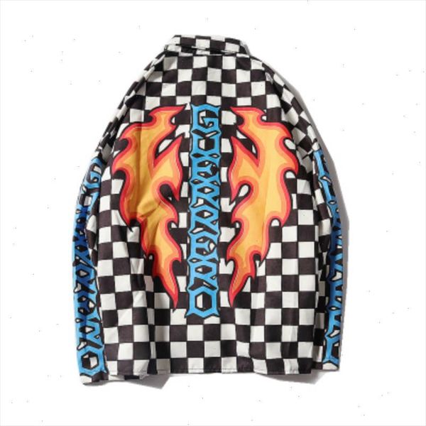 

harajuku retro black and white plaid shirt flame check blouses cardigan couples single breasted drop shipping