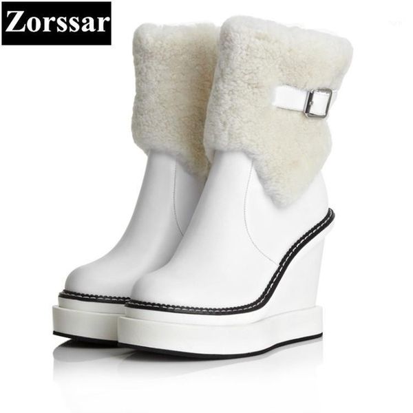 

{zorssar} 2020 new winter plush women boots genuine leather high heels platform wedges ankle snow boots fashion womens shoes1, Black