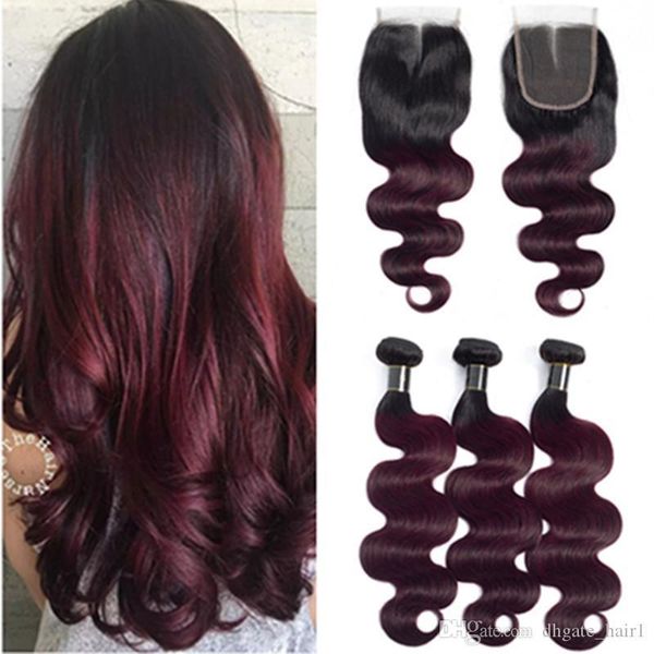 

#1b 99j wine red ombre body wave peruvian human hair weaves with lace closure 4x4 wavy burgundy ombre human hair 3bundles with closure, Black
