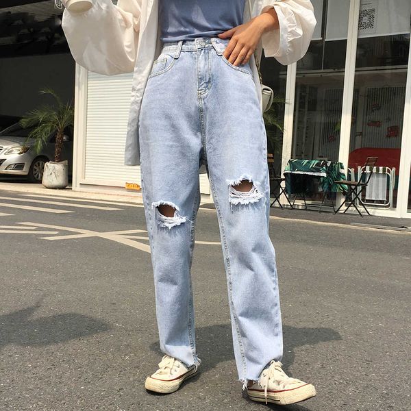 

plus size high waist jeans woman mom boyfriend ripped jeans for women full length denim pants trousers tassel hole loose, Blue