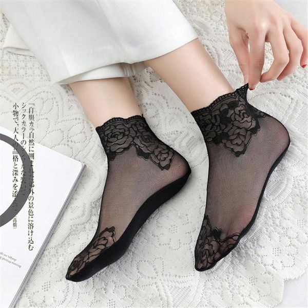 

1 pair summer women short socks ultra thin crystal transparent silk socks girl ankle sox hosiery female mesh1, Black;white
