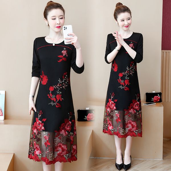 

womens mesh plus size dressed in fat 100kg woman wear loose skirts embroidered dresses bqok, Black;gray