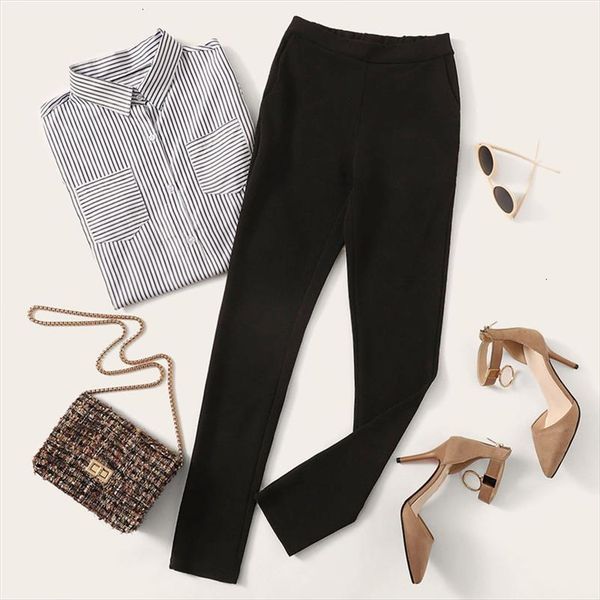 

waist mid black striped elastic waist skinny trousers autumn office lady elegant slim fit vertical women pencil pants, Black;white