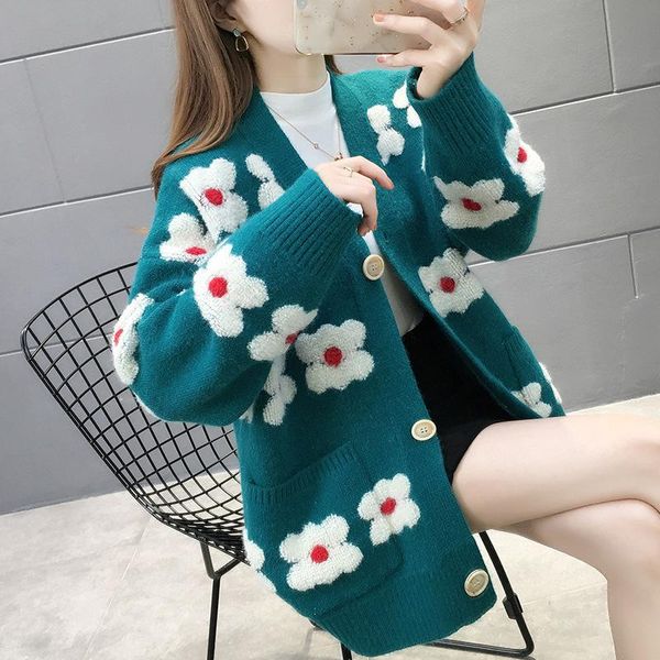 

women's knits & tees 2021 autumn winter knitted cardigan korean floral jacquard sweater jacket causal long sleeve v-neck knitwear coat, White