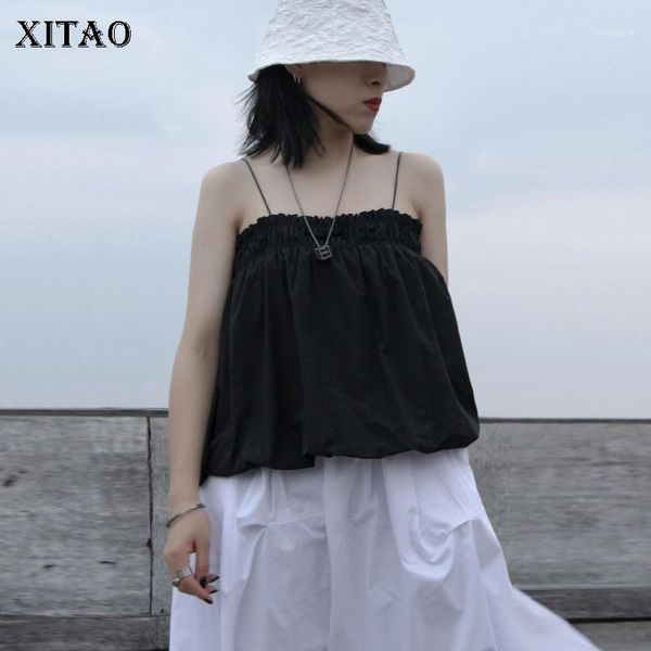 

xitao off shoulder pleated camis white black women clothes 2020 summer new fashion loose slim cover belly tank gcc37551