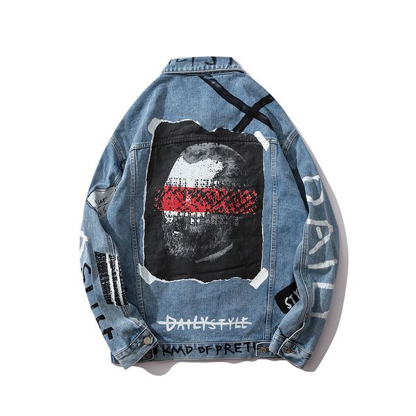 

harajuku letter character mens jeans jacket oversize hip hop blue jaqueta masculino denim coat chaqueta hombre bomber jacket 201004, Black;brown