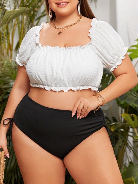 

plus frill trim tie side bikini swimsuit 16zw#, Black