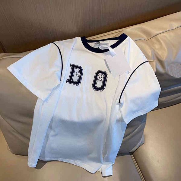 

2022 factory wholesale new summer fashion heavy industry letter embroidery contrast round neck short sleeve women's simple loose t-shir, White