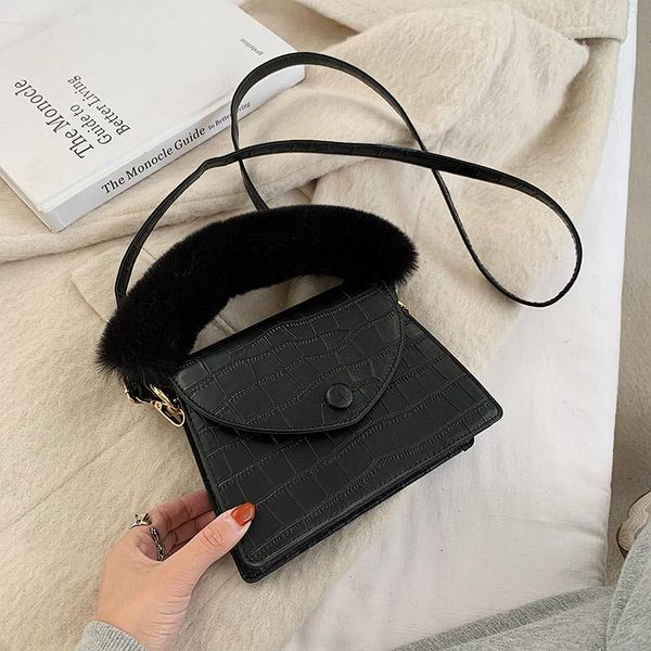 

plush handle ladies bag 2020 winter new shoulder bag ladies solid color pu messenger fashion small mobile phone