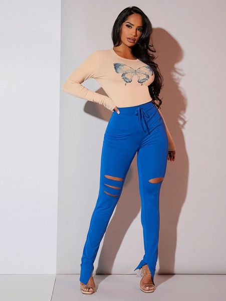 

sxy butterfly print & knot front ripped split hem leggings k6yb#, White