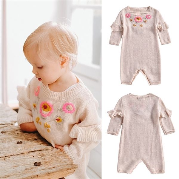 

2020 l& baby girls romper new winter todder boys knit flower embroidery jumpsuits infant newborn cotton clothes 1021, Blue