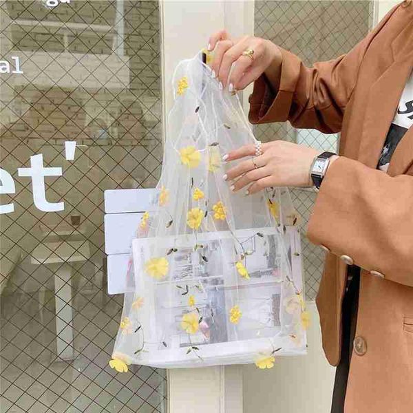 

new female flower yarn embroidery organza hand bag woman fairy summer casual cute transparent mesh shopping tote handbags spot