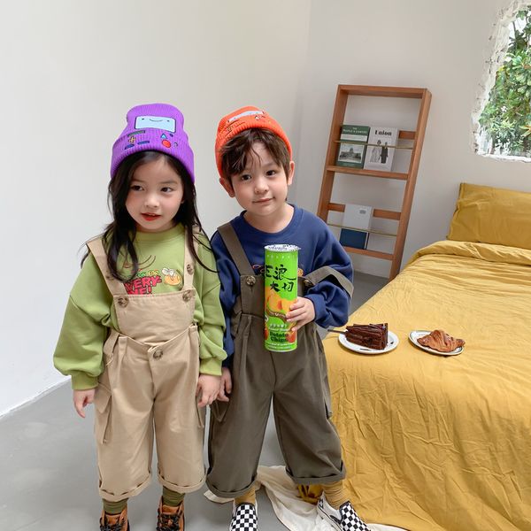 

korean style autumn children fashion unique overalls boys girls casual solid color bib pants 201112, Blue