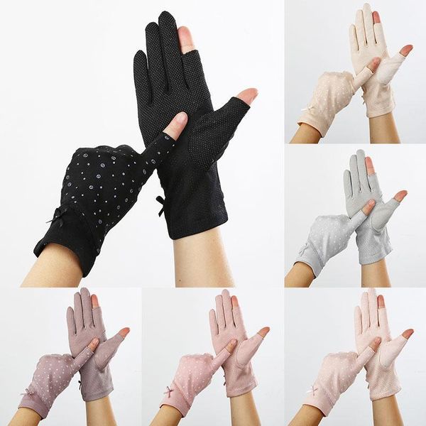 

five fingers gloves summer sunscreen missing two touch screen thin elastic spot print cotton mittens non-slip1, Blue;gray
