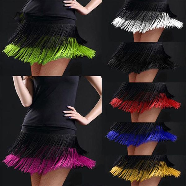 

stage wear latin fringe dress double tassel dance skirt fringed contains practice robe latine woman, Black;red