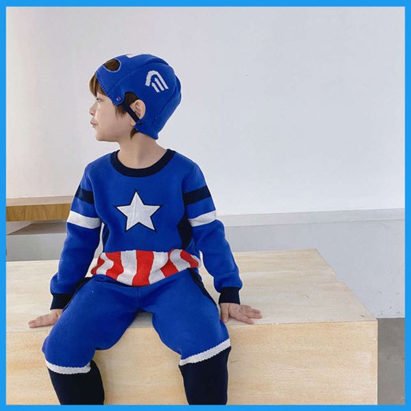 

boys' thickened winter cartoon new sweater three children's piece suit, Blue