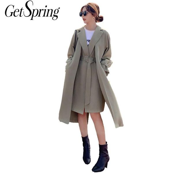 

getspring women trench coat temperament women windbreaker belt high waist loose long overcoats fake two coat autumn winter, Tan;black
