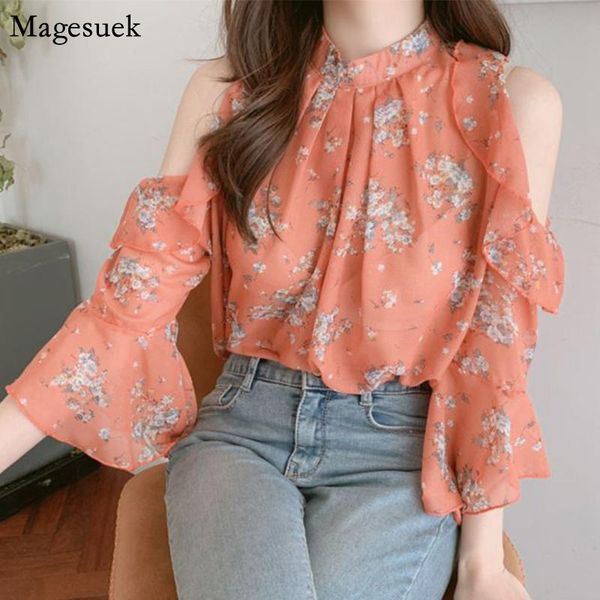 

blusas 2021 autumn print chiffon blouse femme o-neck off shoulder shirts women flare sleeve office ladies blouses mujer 9931, White