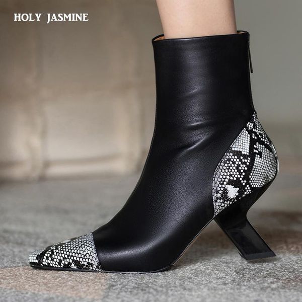

boots genuine leather high heel ankle serpentine for women pigskin inside botas feminina 2021 autumn, Black
