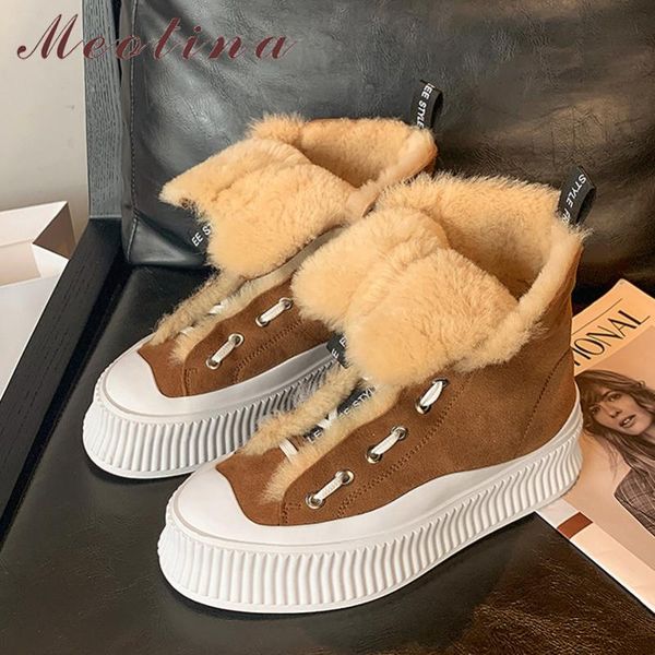 

boots meotina genuine leather snow women flat platform ankle lace up short round toe female shoes fur winter yellow, Black