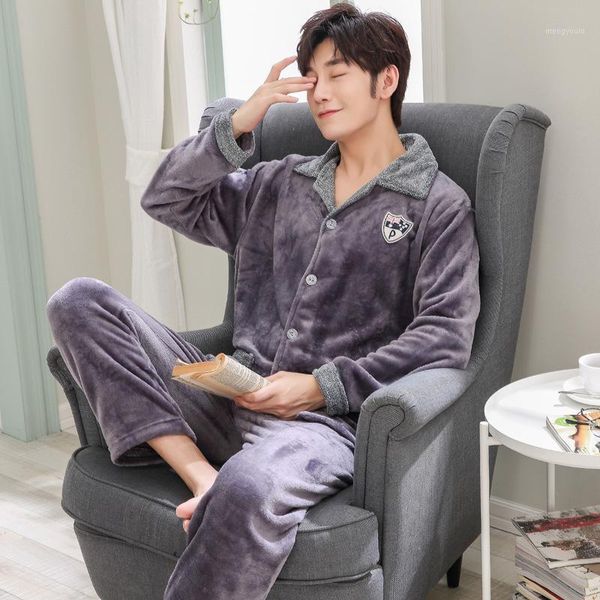 

winter flannel pajamas men's thick warm pyjamas hombre long-sleeve casual sleepwear men homewear pajamas sets for male1, Black;brown