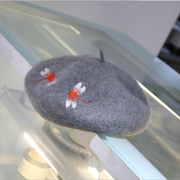 

berets lady style embroidery dragonfly pattern artist leisure hat wool vintage warm autumn winter women, Blue;gray