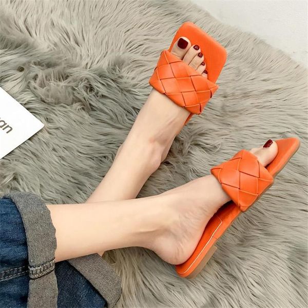 

sandals fashion women weave leather beach slippers comfort soft flat with woman square toe flip flops mujer drop 30#, Black