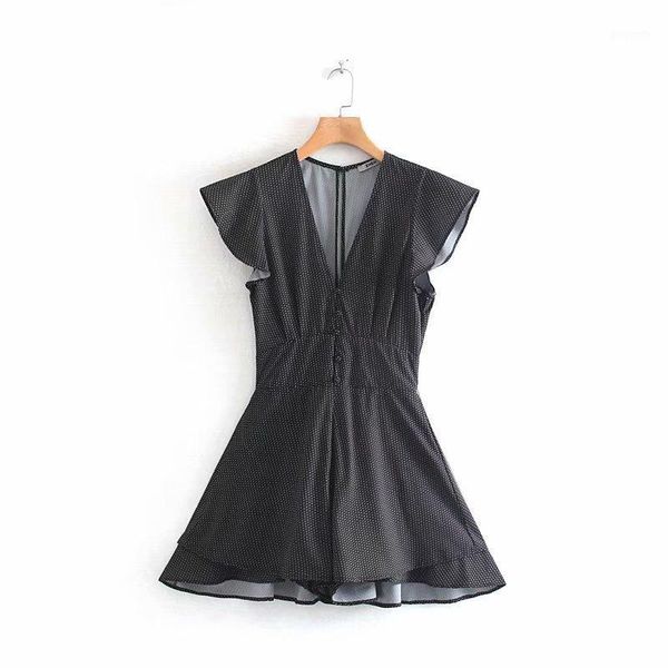 

women retro ruffled dot print playsuits v neck short sleeve vintage female casual vintage jumpsuits mujer1, Black;white
