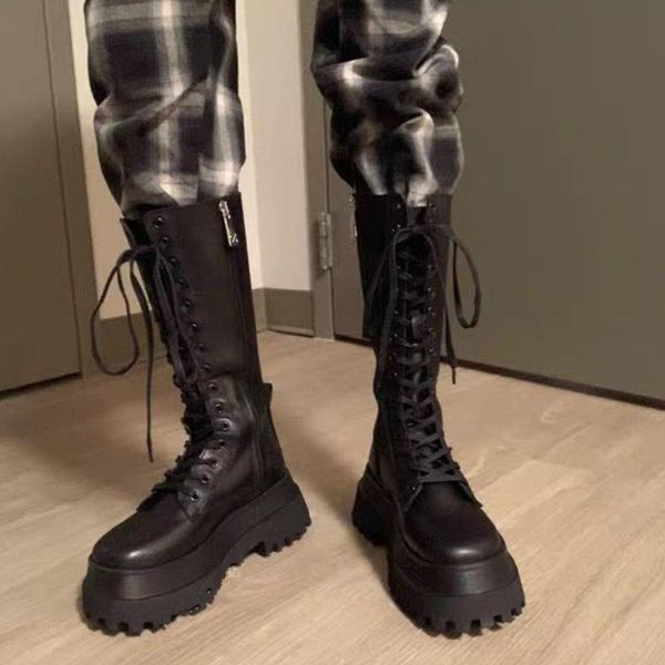 

deat 2020 new arrivals square heels platform mid calf boots woman shoes zip up cross-tied comfortable shoes ladies boots sf925, Black