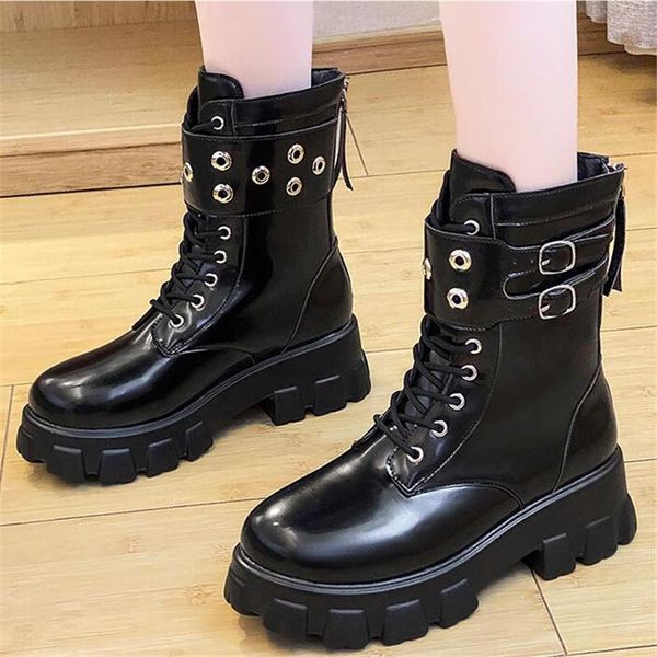 

boots black chunky motorcycle for women platform sneakers ladies punk style autumn winter back zip short botas cross-tied shoes