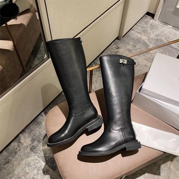 

genuine leather women long boots fashion mental chian women knee high boots autumn winter combat mortorcycle for 411, Black