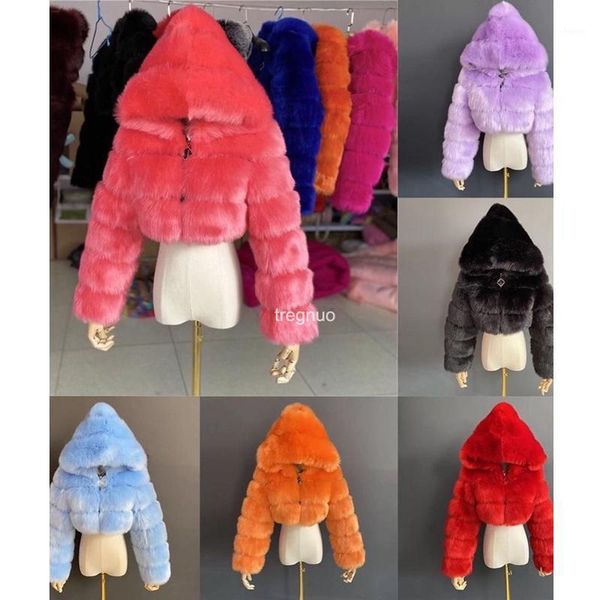 

2020 winter fur coat women faux fur long sleeve coat short clothes warm with hat solid color1, Black