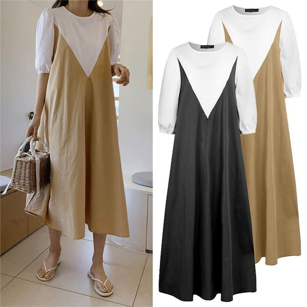 

women o-neck pockets robe patchwork midi sundress casual loose holiday vestidos zanzea puff sleeve dress femme plus size 5xl, Black;gray
