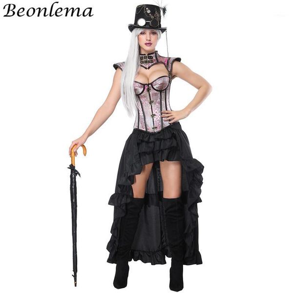 

beonlema women cosplay corset jacket blue buckle corset kawaii pink bustiers bra black long elastic skirt overbust 1, Black;white
